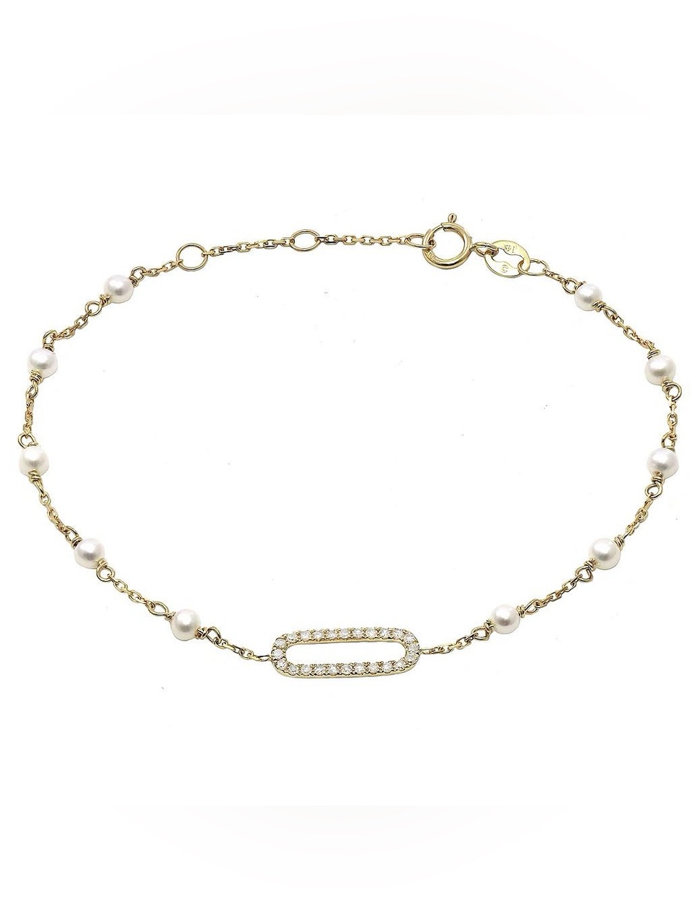 14K Real Yellow Gold Pearl “paper Clip” And Diamond Bracelet 6.5,6.75",7"